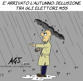 m5s, pioggia, maltempo, piove governo ladro, delusione, vignetta, satira