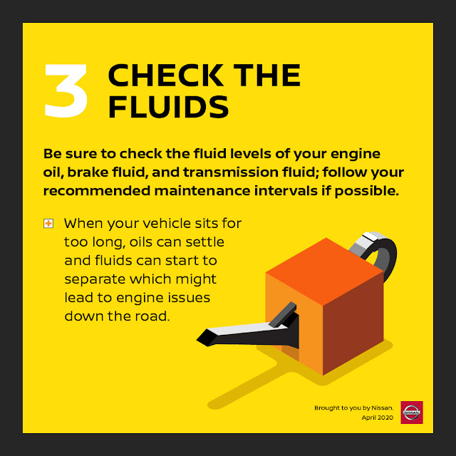 Be sure to check the fluid levels of your engine oil, brake fluid, and transmission fluid; follow your recommended maintenance intervals if possible.