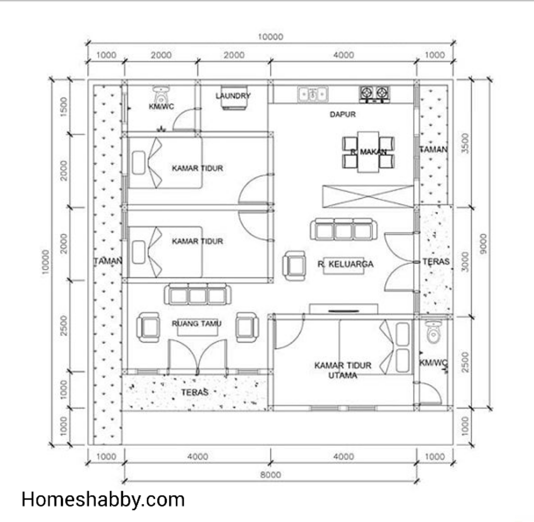 Desain Dan Denah Rumah Ukuran 10 X 10 M Terdapat 3 Kamar Tidur Dengan Taman Di Sekeliling Rumah Serta Teras Samping Dan Depan Homeshabbycom Design Home Plans