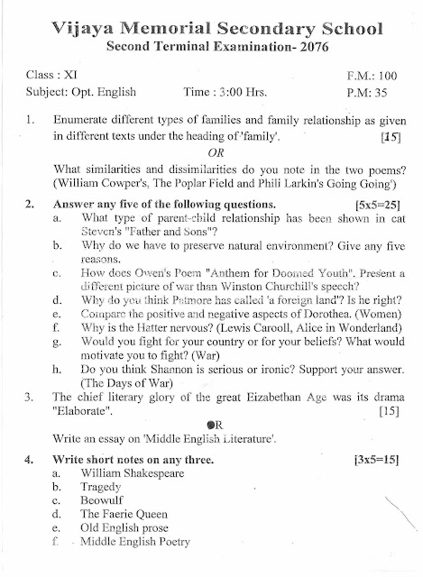 Class 11 Optional English Sample Question Paper