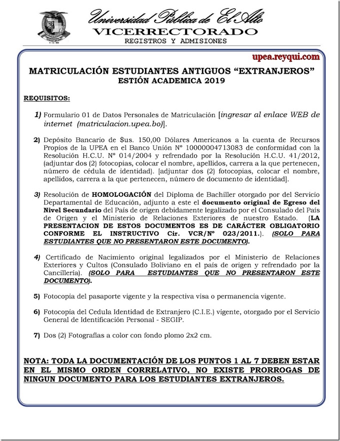 Matriculación UPEA 2019: Requisitos Para Estudiantes Antiguos “Extranjeros”