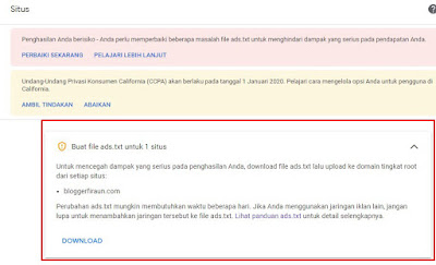 Untuk menghidarkan dari resiko penghasilan, upload file ads.txt ke domain tingkat root