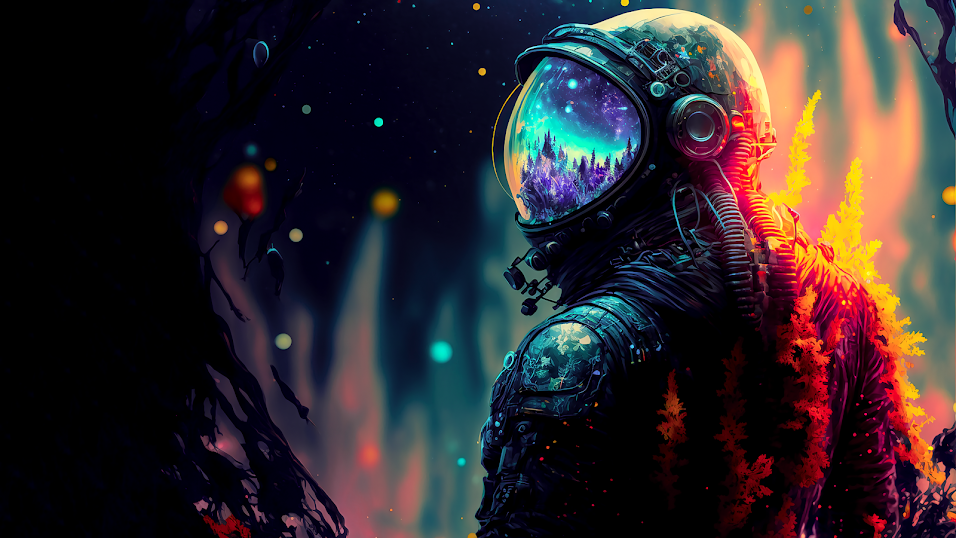 Astronaut Exploring Glitchcore Fungi Galaxy Background Wallpaper 4K for PC - AI Generated, Free Download