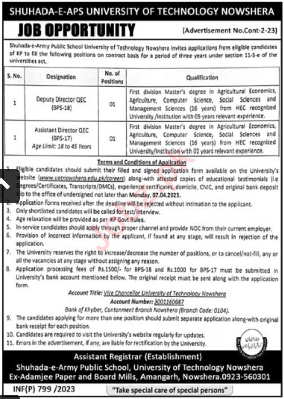 Shuhada e APS University of Technology Jobs In Nowshera 2023