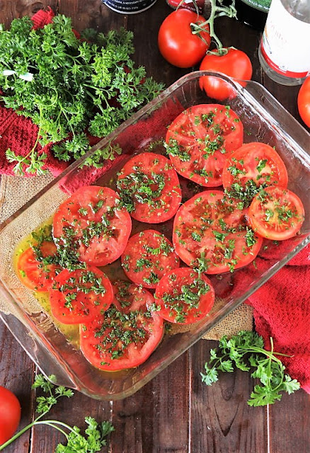 Marinated Tomatoes in a Baking Dish Image