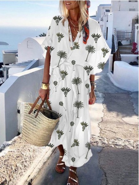 Vacation Printed Loose V Collar Maxi Dress– Price:$34.29