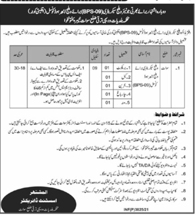 Secretary job in swat-job in Local Government and Development District Swat Khyber Pakhtunkhwa