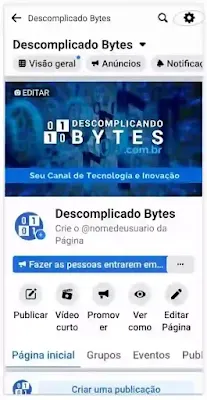 Tela inicial do perfil comercial do Facebook