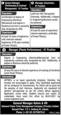 National Power Parks Management Company Private Limited (NPPMCL) Jobs 2021 in Pakistan