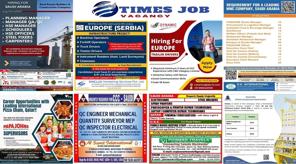 Gulf and Europe Job Vacancy for Multinational Companies.