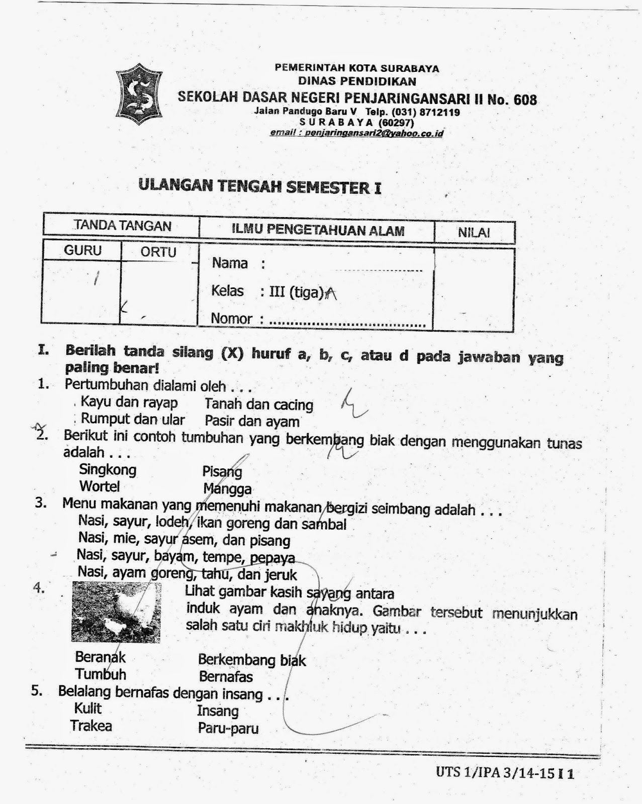 UTS Ke 1 IPA Kelas 3 SD TA 2014 2015 Kurikulum 2013