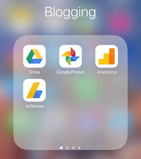 An iPhone screenshot of a folder called Blogging with Drive, Google Photos, Analytics and AdSense apps in