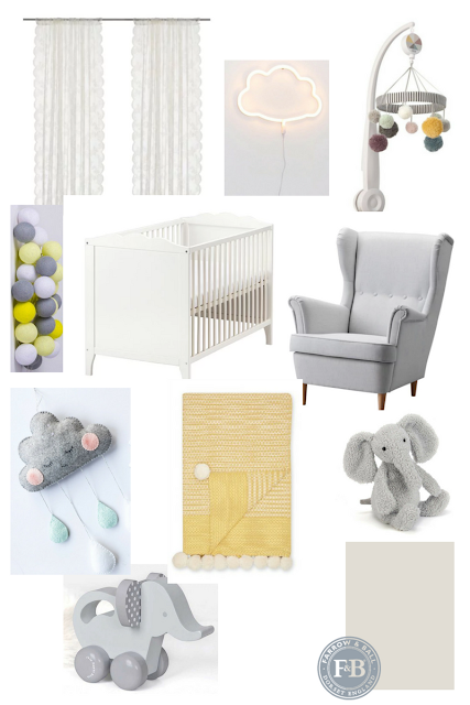 Mood board and inspiration for a gender neutral baby nursery featuring a grey and yellow colour scheme