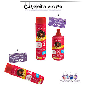 Linha Cachos Tipo 4 - Soft Hair. Shampoo sem sulfato liberado para Low Poo. Condicionador e Creme para pentear (finalizador) liberados para No Poo sem silicones e petrolatos.