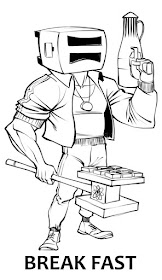 A muscular character in a cropped jacket with a toaster for a head, a carafe as a gun, and a waffle press hammer labeled "BREAK FAST"