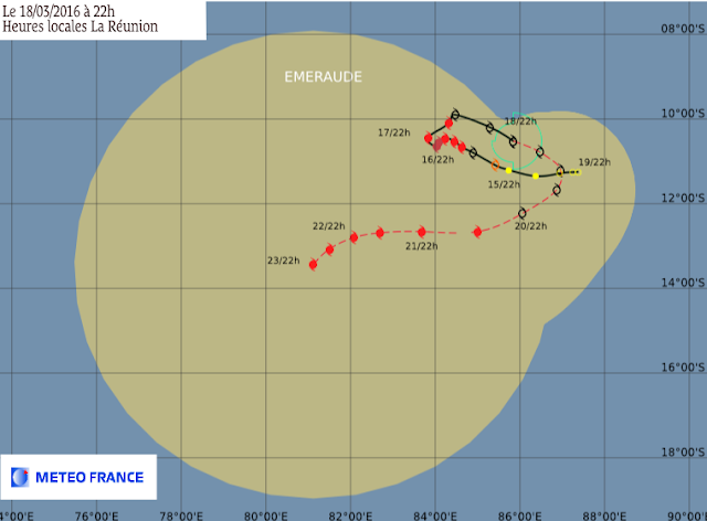 Trajectoire et intensité prévues pour la forte tempête tropicale Emeraude