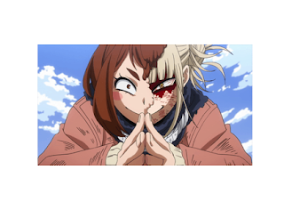 Toga with her face half covered by a copy of Uraraka's face.