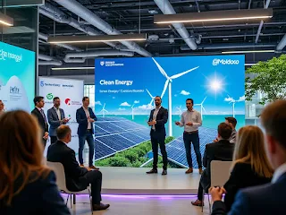 Entrepreneurs and innovators presenting green technology solutions during a CleanTech Accelerator event, featuring smart energy systems, renewable energy, and sustainable urban infrastructure. A focus on collaboration between startups and energy companies from Romania and Moldova.