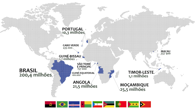 Mapa mundo com os países de Língua Oficial Portuguesa