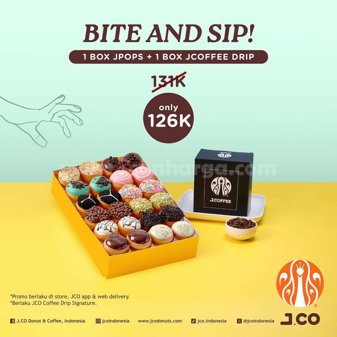 Promo JCO Bite and Sip! Harga Spesial 1 Box Jpops + 1 Box Jcoffee Drip hanya Rp. 126K