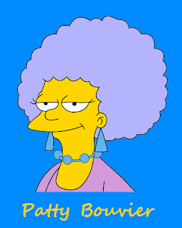 patty bouvier, the simpsons, cartoon, animation, tv series, comedy, fun, humour, twin, sister, grey hair, afro, fashion, 1990s, pink dress, blue earrings, triangle earrings, blue necklace, beaded necklace,