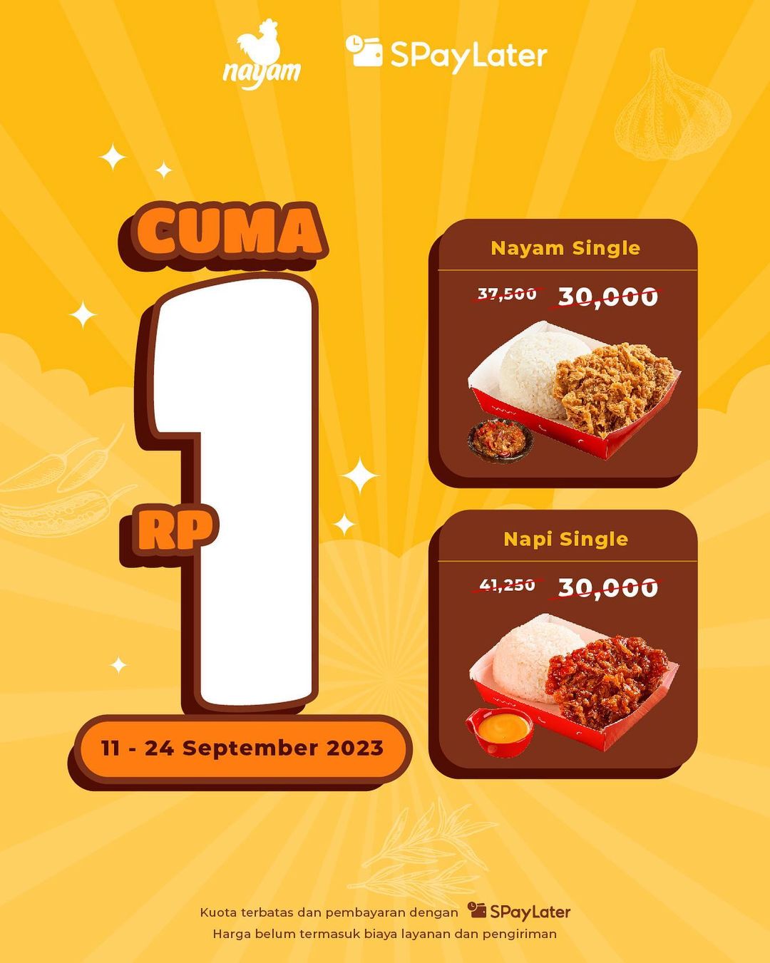 Promo NAYAM SPAYLATER Via SHOPEEFOOD – BELI MENU SINGLE CUMA RP. 1,-