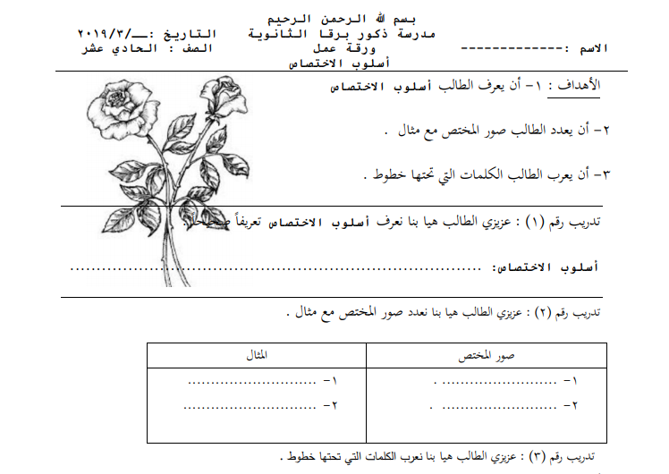 ورقة عمل لدرس (أسلوب الاختصاص) للصف الحادي عشر الفصل الثاني