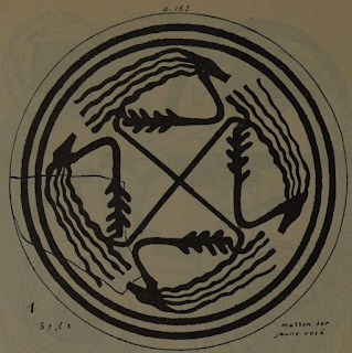 Reconstruction of what was likely a swastika from the Samarra culture. Four rotated animal heads, with a horn or other design bending inwards.