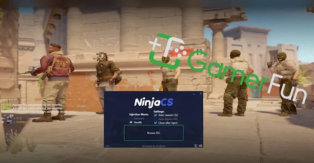 NinjaCS logo with a backdrop of intense Counter-Strike: 2 lobby.
