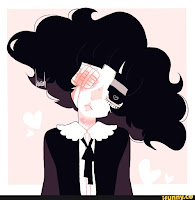 A girl with curly hair and an eyepatch.