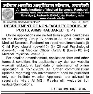 AIIMS Raebareli Recruitment 2023, Group A Vacancies