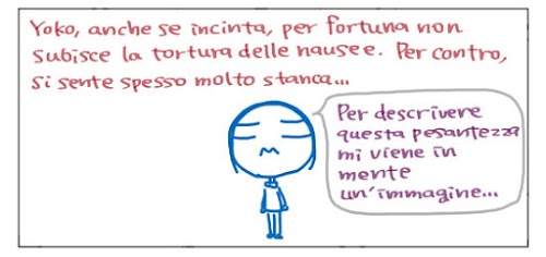 Yoko, anche se incinta, per fortuna non subisce la tortura delle nausee. Per contro, si sente spesso molto stanca...  Per descrivere questa pesantezza mi viene in mente un'immagine...