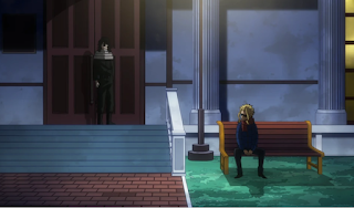 All-Might in his withered form, sitting on a park bench. Aizawa stands behind him on the steps to the 1A dorm building.