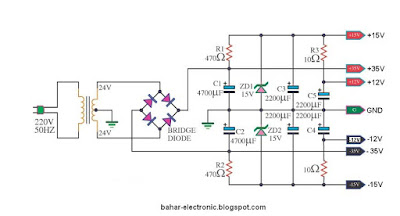  Skema  Power  Supply Simetris  12V 15V 30V pakai Diode 