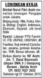 Lowongan Kerja Bimbel Nurul Fikri Banda Aceh Oktober 2015