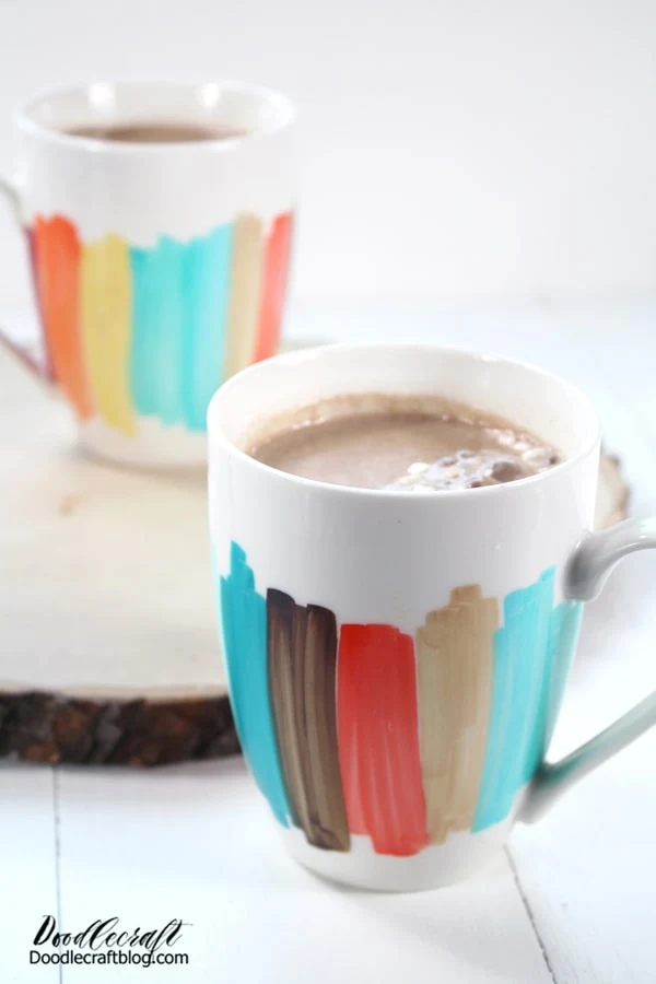 Fill with piping hot chocolate and mini marshmallows or your favorite hot drink and enjoy! Great for coffee breaks at the office, a matching set for the newlyweds or just to brighten up some old mugs that are already sitting in the cupboard.   I love a great upcycled project--take a moment to look around and see what you can improve on with some bright color blocking.