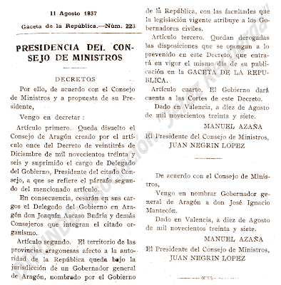 Extracto del Decreto de Disolución del C.R.D.A. y el del nombramiento de Gobernador General de Aragón.