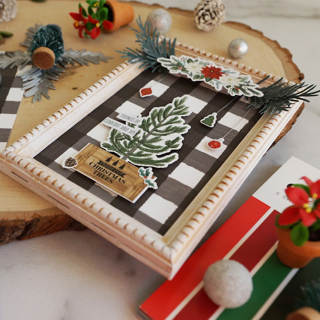 Carta Bella Farmhouse Christmas stickers, paper; Scrapbook.com smooth cardstock, smart glue; Tim Holtz mini framed panels; Concord &9th-Take a Bough Encore; mixed media, scrapbooking, farmhouse style christmas tree