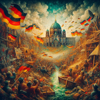 Ein Bild im Stil des Expressionismus, das Deutschland vor dem Reichstag wortwörtlich im Grabenkampf zeigt.