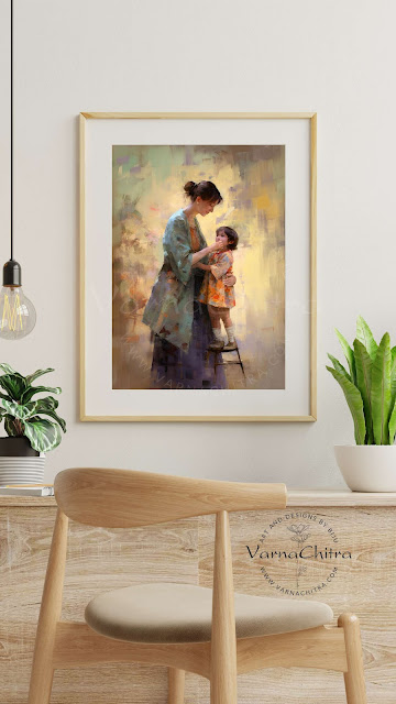 Mother and Child Oil Painting Print Large Size Instant Download, Best Gift for New Mothers, Mothers Day, Mother's Birthday  by Biju Varnachitra
