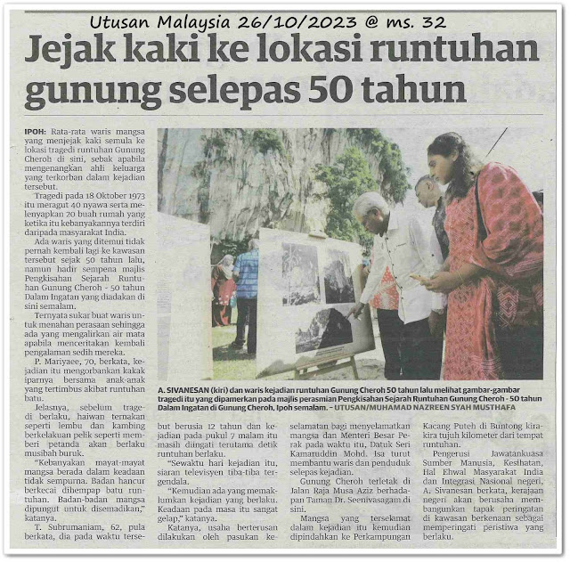 Jejak kaki ke lokasi runtuhan gunung selepas 50 tahun - Keratan akhbar Utusan Malaysia 26 Oktober 2023