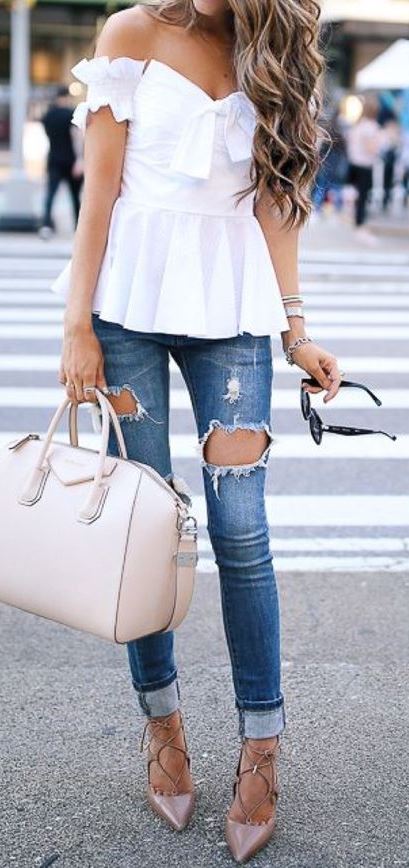 cute casual style: top + rips + bag + heels