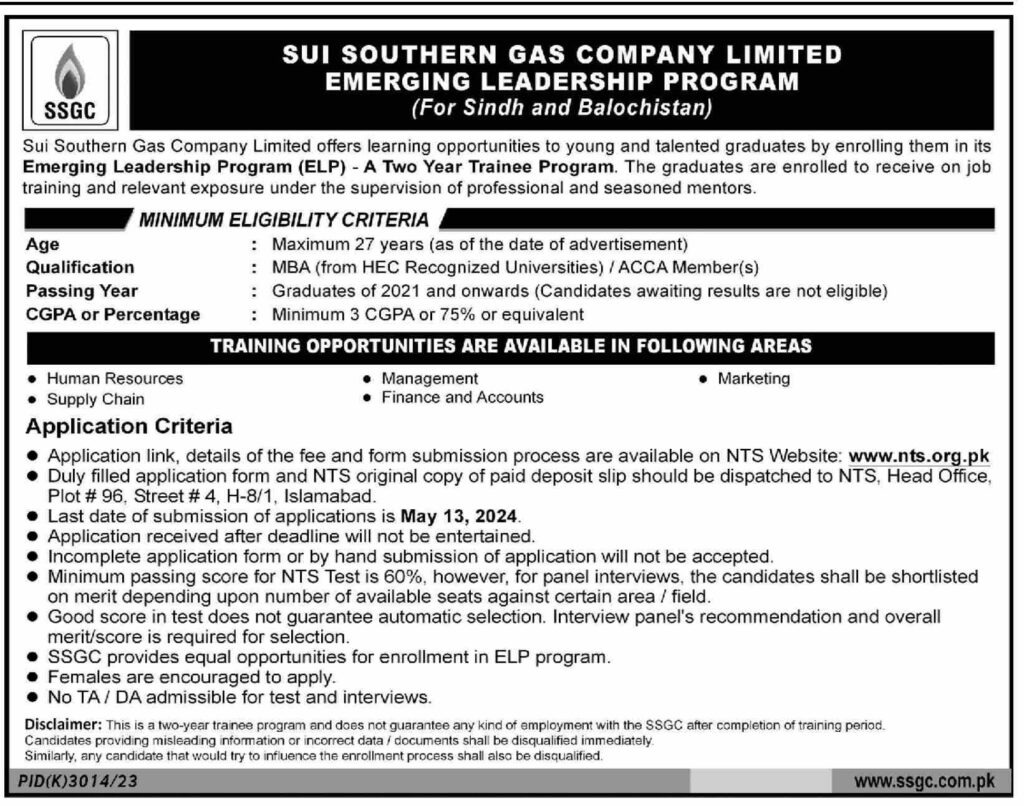 Sui Southern Gas Company Limited (Emerging Leadership Program – A Two Year Trainee Program) 2024