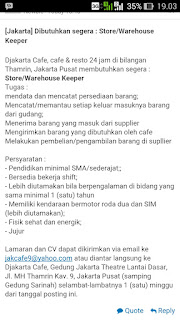 Lowongan kerja Store/Warehouse Keeper Djakarta Cafe