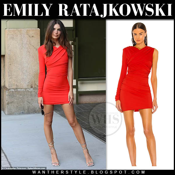 Emily Ratajkowski in red one sleeved mini dress