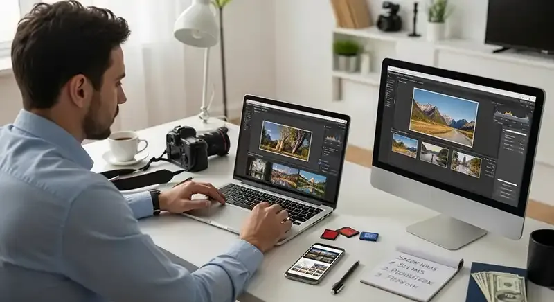 Photographer uploading high-quality images to stock photography websites, earning passive income from digital photo sales.