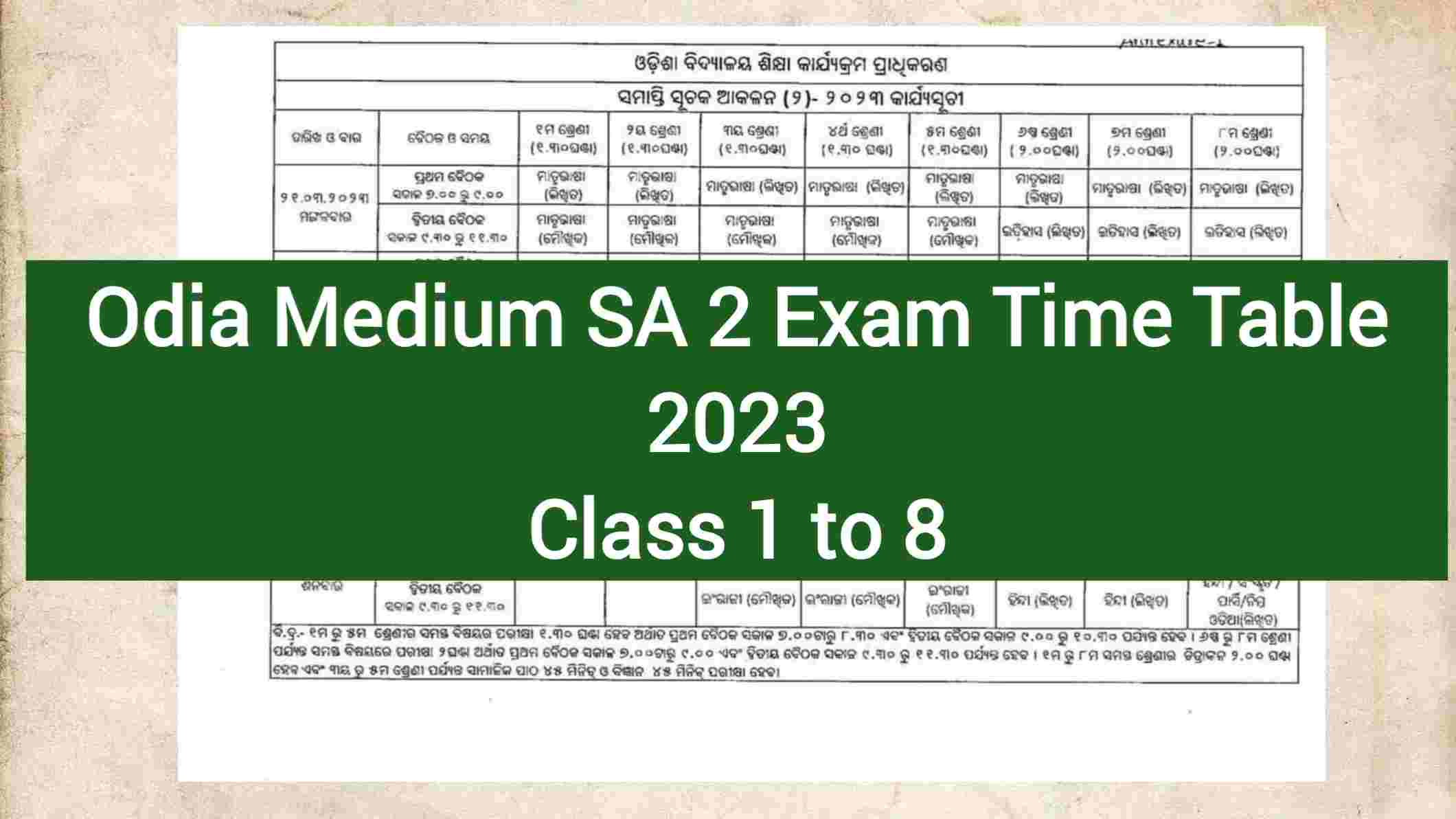 Odia Medium SA 2 Exam 2023 Class 1 to 8 Time Table