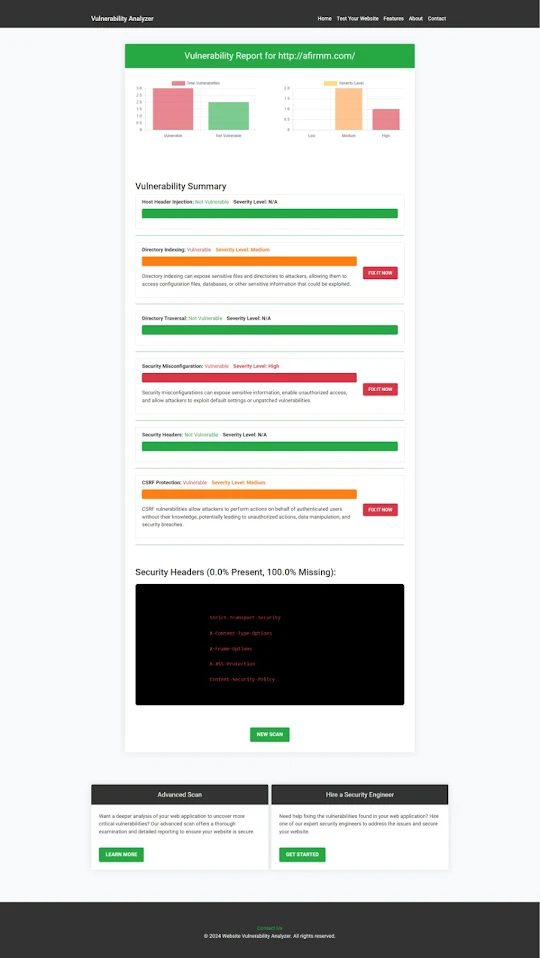 Example of a vulnerability assessment report generated with our free tool, providing insights into possible vulnerabilities