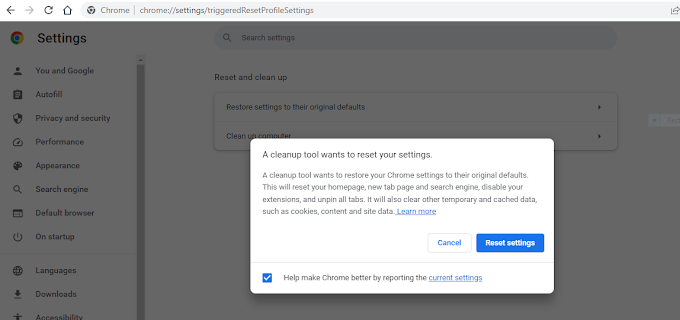 Resolve Selenium error - Chrome opening Settings tab to reset settings on launch