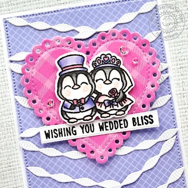 Sunny Studio Stamps: Crepe Paper Streamers Wedding Card by Tina Henkens (featuring Wedded Bliss, Scalloped Heart Dies)